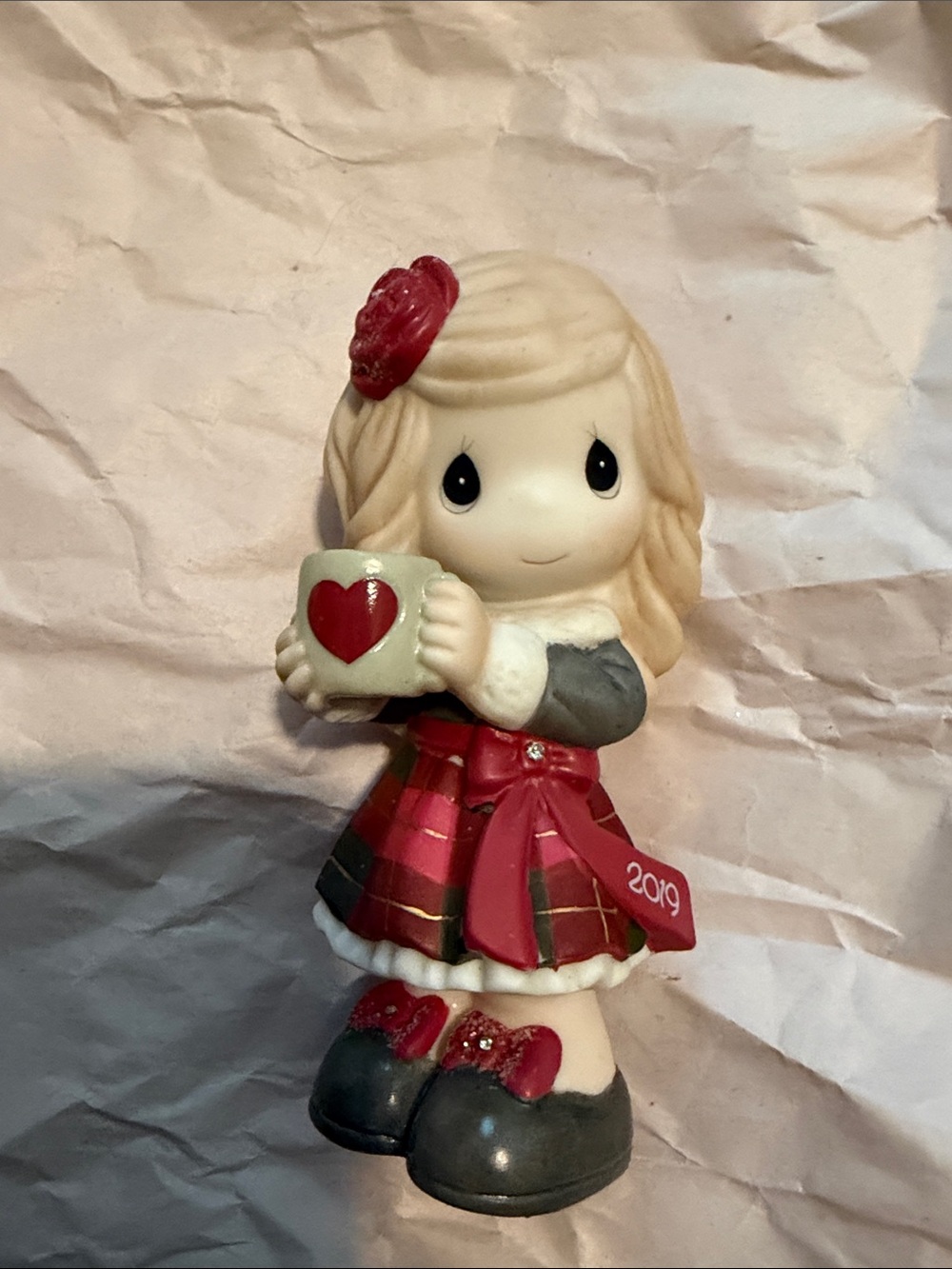 Precious Moments Girl Figurine in Red Plaid Dress with Gray Sweater